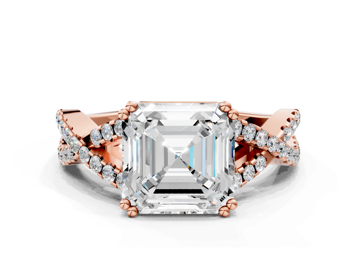 Rose gold Asscher Solitaire Twist Band with Pavé Setting and Four-Prong Setting