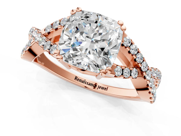 Rose gold Cushion Solitaire Twist Band with Pavé Setting and Four-Prong Setting_43