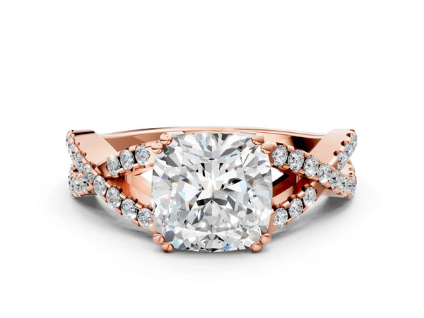 Rose gold Cushion Solitaire Twist Band with Pavé Setting and Four-Prong Setting_48