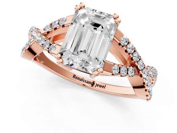 Rose gold Emerald Solitaire Twist Band with Pavé Setting and Four-Prong Setting_31