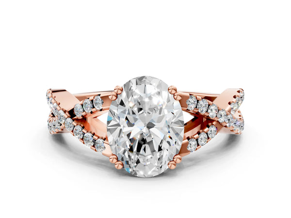 Rose gold Oval Solitaire Twist Band with Pavé Setting and Four-Prong Setting_72