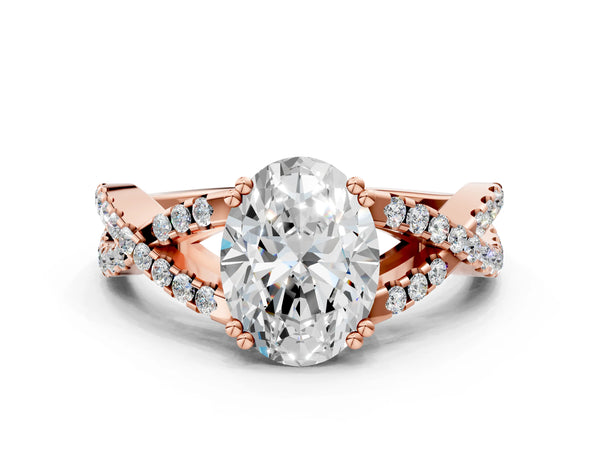 Rose gold Oval Solitaire Twist Band with Pavé Setting and Four-Prong Setting_84