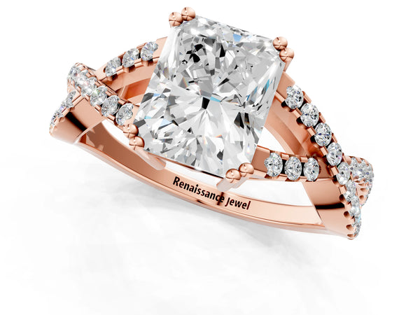 Rose gold Radiant Solitaire Twist Band with Pavé Setting and Four-Prong Setting_61