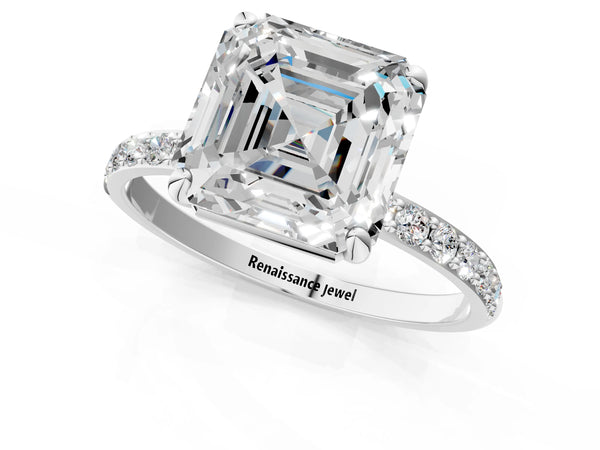 White gold Asscher Cut Diamond Pavé Band Solitaire Ring with Four-Prong Setting_73