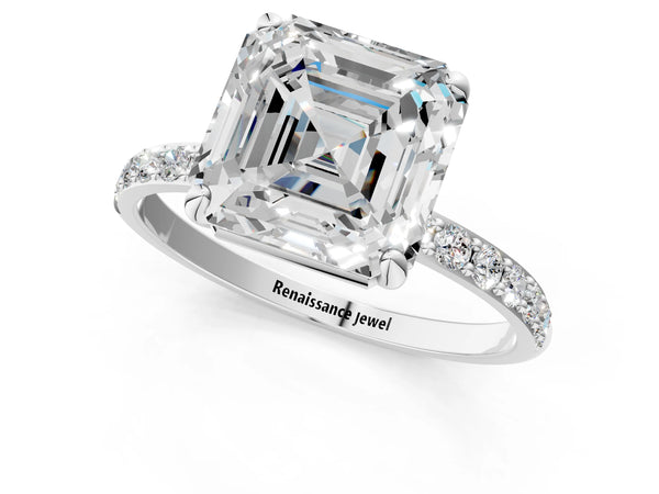 White gold Asscher Cut Diamond Pavé Band Solitaire Ring with Four-Prong Setting_91