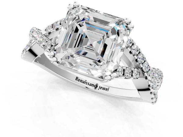 White gold Asscher Solitaire Twist Band with Pavé Setting and Four-Prong Setting_13