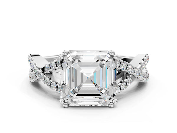 White gold Asscher Solitaire Twist Band with Pavé Setting and Four-Prong Setting_30