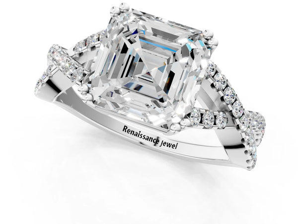 White gold Asscher Solitaire Twist Band with Pavé Setting and Four-Prong Setting_43