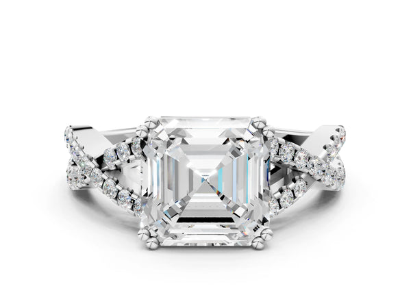 White gold Asscher Solitaire Twist Band with Pavé Setting and Four-Prong Setting_66