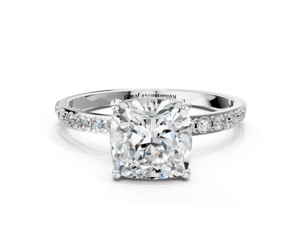 White gold Cushion Cut Diamond Pavé Band Solitaire Ring with Four-Prong Setting_54