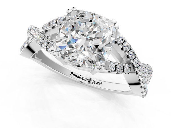 White gold Cushion Solitaire Twist Band with Pavé Setting and Four-Prong Setting_1
