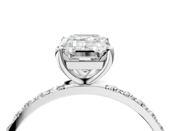 White gold Emerald Cut Diamond Pavé Band Solitaire Ring with Four-Prong Setting_112