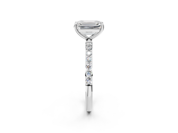 White gold Emerald Cut Diamond Pavé Band Solitaire Ring with Four-Prong Setting_2
