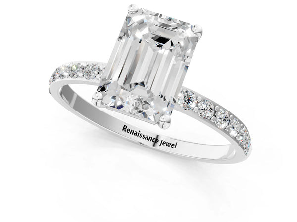 White gold Emerald Cut Diamond Pavé Band Solitaire Ring with Four-Prong Setting_61