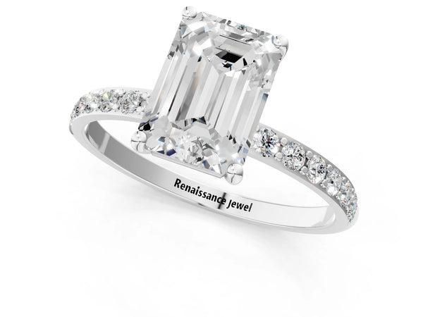 White gold Emerald Cut Diamond Pavé Band Solitaire Ring with Four-Prong Setting_73