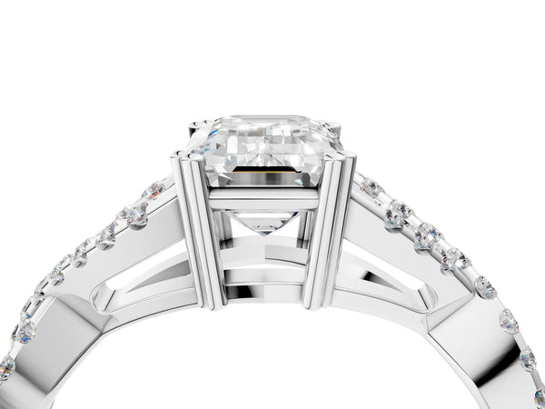 White gold Emerald Solitaire Twist Band with Pavé Setting and Four-Prong Setting_100