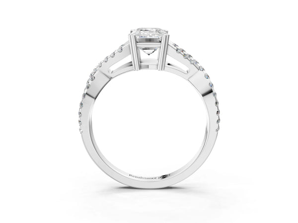 White gold Emerald Solitaire Twist Band with Pavé Setting and Four-Prong Setting_21