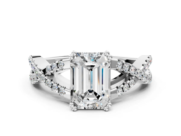 White gold Emerald Solitaire Twist Band with Pavé Setting and Four-Prong Setting_36