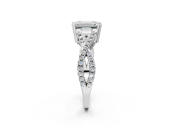 White gold Emerald Solitaire Twist Band with Pavé Setting and Four-Prong Setting_44