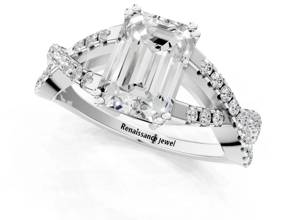 White gold Emerald Solitaire Twist Band with Pavé Setting and Four-Prong Setting_55