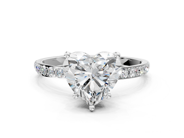 White gold Heart Cut Diamond Pavé Band Solitaire Ring with Four-Prong Setting