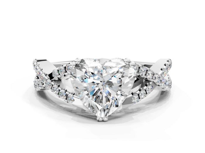 White gold Heart Solitaire Twist Band with Pavé Setting and Four-Prong Setting