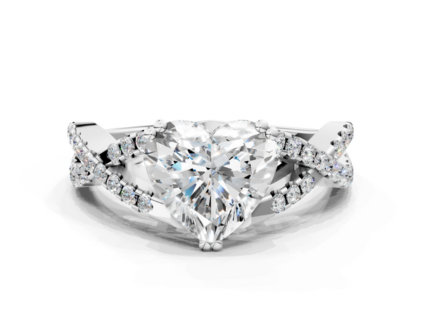 White gold Heart Solitaire Twist Band with Pavé Setting and Four-Prong Setting