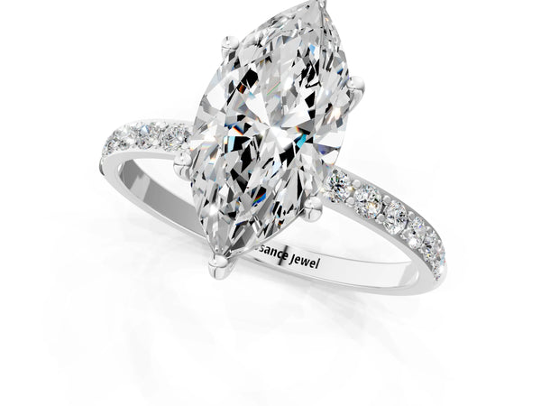 White gold Marquise Cut Diamond Pavé Band Solitaire Ring with Four-Prong Setting_49