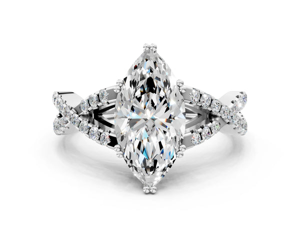White gold Marquise Solitaire Twist Band with Pavé Setting and Four-Prong Setting_18