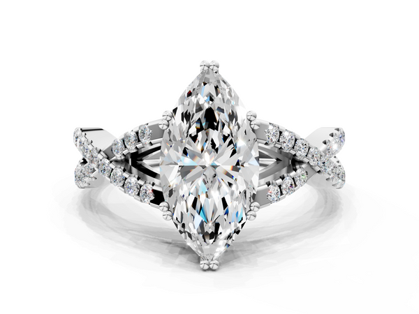 White gold Marquise Solitaire Twist Band with Pavé Setting and Four-Prong Setting