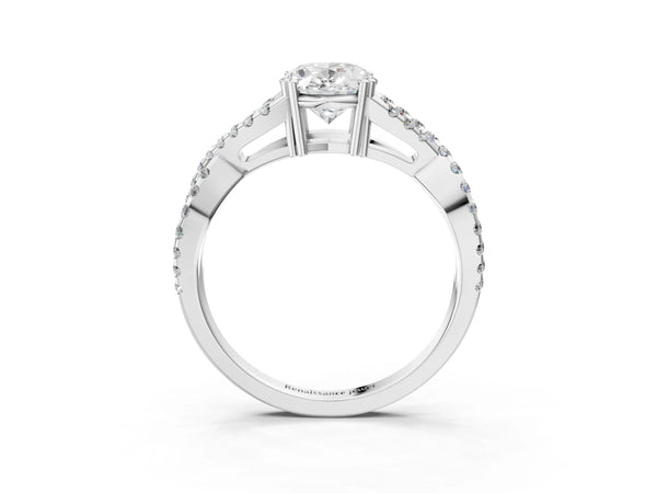 White gold Oval Solitaire Twist Band with Pavé Setting and Four-Prong Setting_15