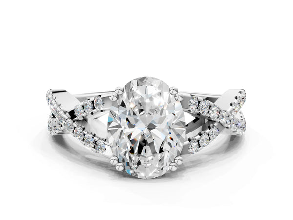 White gold Oval Solitaire Twist Band with Pavé Setting and Four-Prong Setting_48