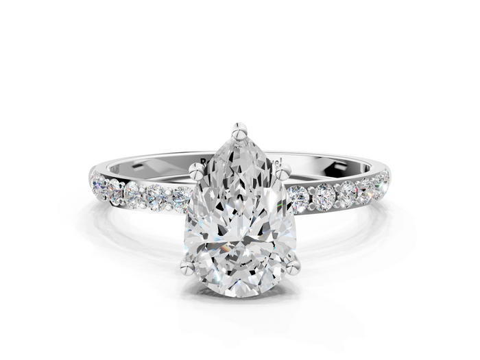 White gold Pear Cut Diamond Pavé Band Solitaire Ring with Four-Prong Setting