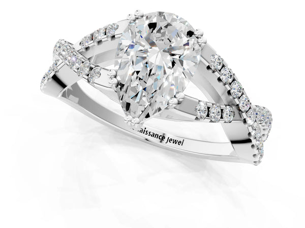 White gold Pear Solitaire Twist Band with Pavé Setting and Four-Prong Setting_31