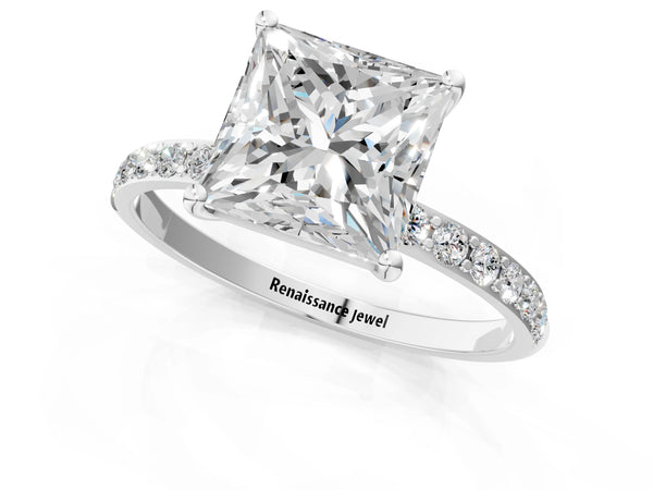 White gold Princess Cut Diamond Pavé Band Solitaire Ring with Four-Prong Setting_67