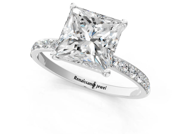 White gold Princess Cut Diamond Pavé Band Solitaire Ring with Four-Prong Setting_79