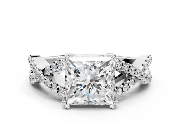 White gold Princess Solitaire Twist Band with Pavé Setting and Four-Prong Setting_12
