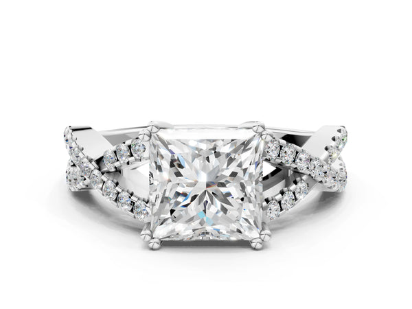 White gold Princess Solitaire Twist Band with Pavé Setting and Four-Prong Setting_18
