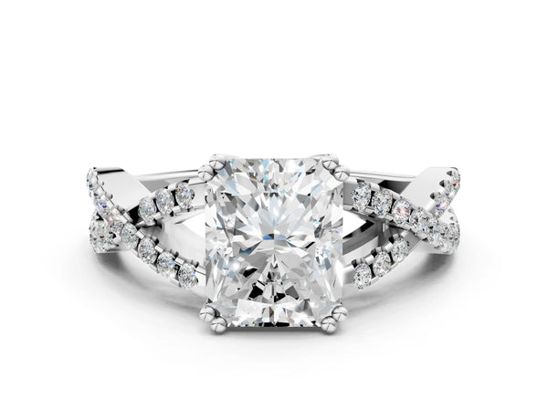 White gold Radiant Solitaire Twist Band with Pavé Setting and Four-Prong Setting_36