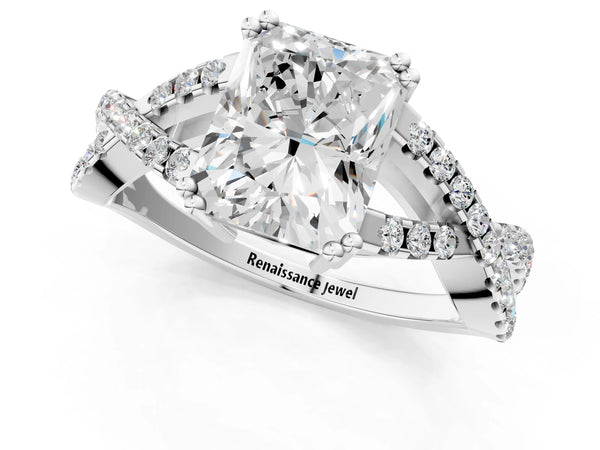 White gold Radiant Solitaire Twist Band with Pavé Setting and Four-Prong Setting_37