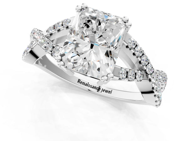 White gold Radiant Solitaire Twist Band with Pavé Setting and Four-Prong Setting_79