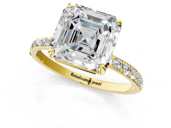 Yellow gold Asscher Cut Diamond Pavé Band Solitaire Ring with Four-Prong Setting_31