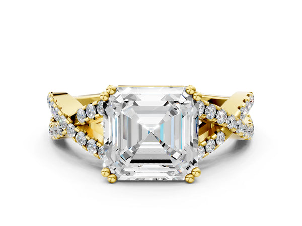 Yellow gold Asscher Solitaire Twist Band with Pavé Setting and Four-Prong Setting_12