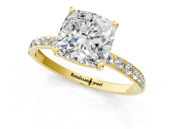 Yellow gold Cushion Cut Diamond Pavé Band Solitaire Ring with Four-Prong Setting_13