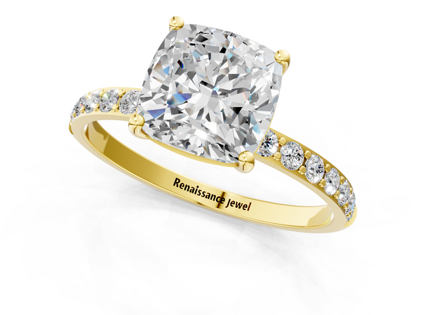 Yellow gold Cushion Cut Diamond Pavé Band Solitaire Ring with Four-Prong Setting_1