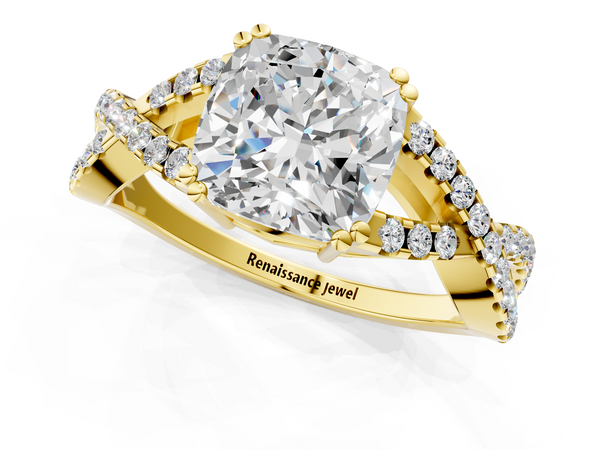 Yellow gold Cushion Solitaire Twist Band with Pavé Setting and Four-Prong Setting_1