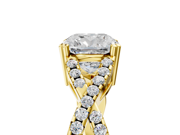 Yellow gold Cushion Solitaire Twist Band with Pavé Setting and Four-Prong Setting_5