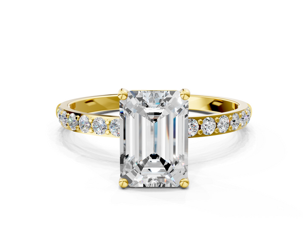 Yellow gold Emerald Cut Diamond Pavé Band Solitaire Ring with Four-Prong Setting