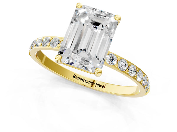 Yellow gold Emerald Cut Diamond Pavé Band Solitaire Ring with Four-Prong Setting_49