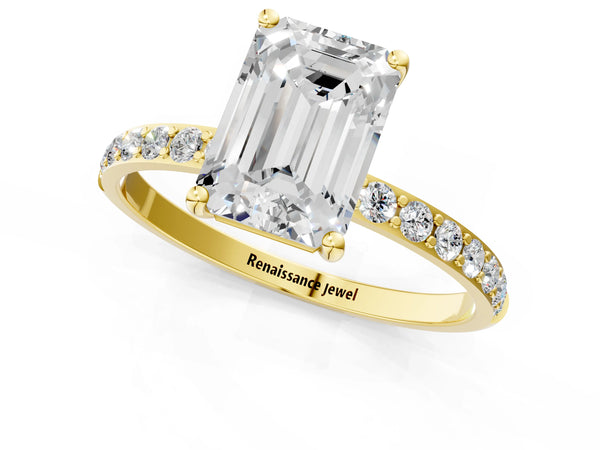 Yellow gold Emerald Cut Diamond Pavé Band Solitaire Ring with Four-Prong Setting_73